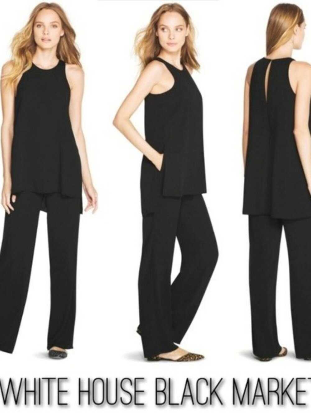 White House Black Market Black Sleeveless Wide Leg Tunic Jumpsuit 4